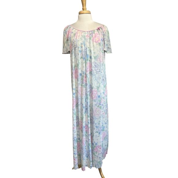 Vintage MISS ELAINE Whimsy Floral Nylon Maxi Nightgown Women's Small USA Blue - Picture 1 of 7